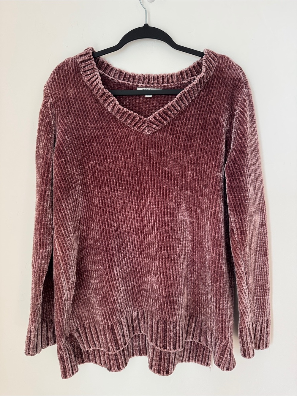 Orvis Chenille Sweater Dusty Rose Mauve V-Neck Ribbed Plush Cozy Soft Pullover X